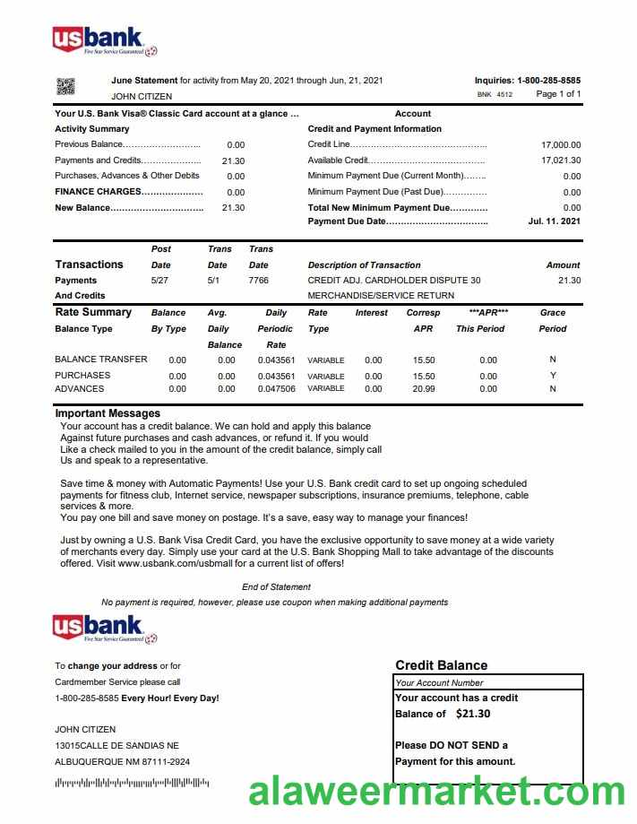 USA U.S. bank credit card statement template in Excel and PDF file format